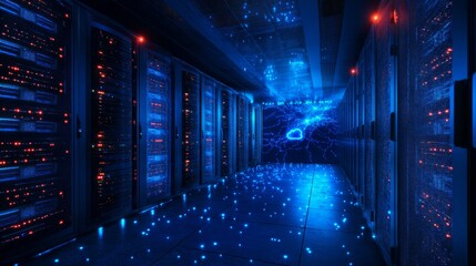 High-Tech Server Room with Glowing Blue Lights and Digital Effects