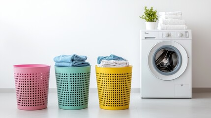 A bright and organized laundry room featuring colorful baskets filled with clothes beside a white washing machine and a potted plant, chore and housework.