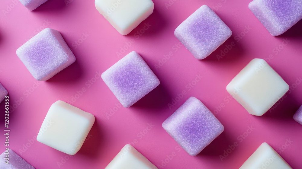 Poster pastel purple and white sugar cubes arranged in diagonal pattern on pink background.