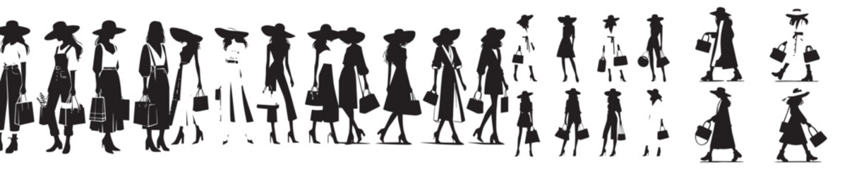 vector collection of silhouetted female models carrying bags and wearing hats