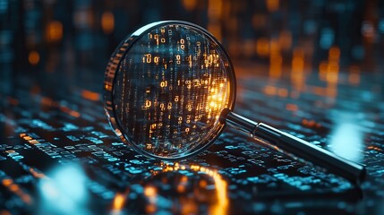 Magnifying Glass Hovering Over Glowing Binary Code and Data