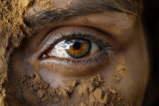 Close-up of a woman's eye covered in brown dust. Illustrates resilience, strength, or connection to nature.