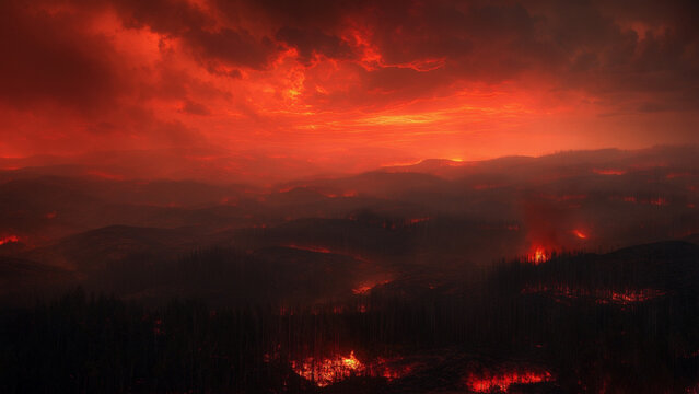 A haunting and dramatic depiction of a post-apocalyptic city engulfed in flames and smoke, with ruined buildings and a fiery horizon. The scene evokes themes of destruction, war, environmental collaps