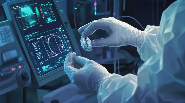 Medical professional examines a device using high tech monitoring equipment during an operation in a surgical room. Generative AI