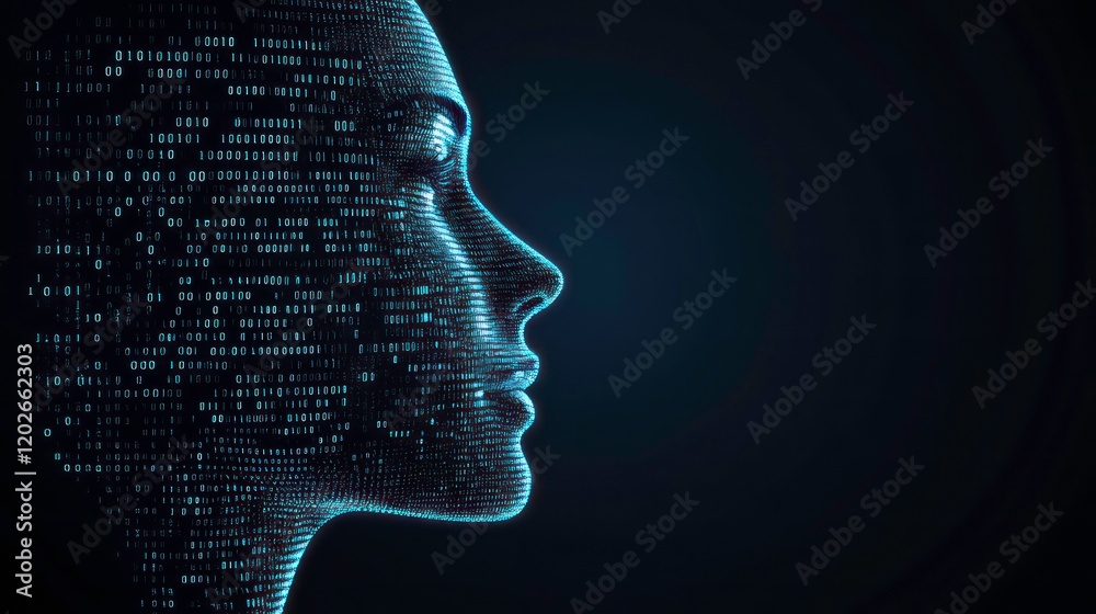 Aufkleber Abstract digital female face profile formed by binary code data stream on dark background.