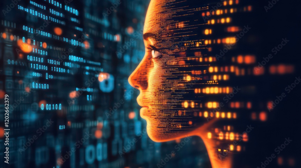 Poster woman's profile merges with digital code, symbolizing ai and technology.