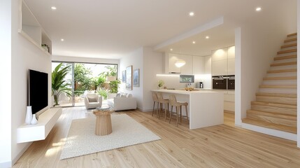 Fototapeta premium Modern open-plan living room design with kitchen, garden view, and wooden stairs