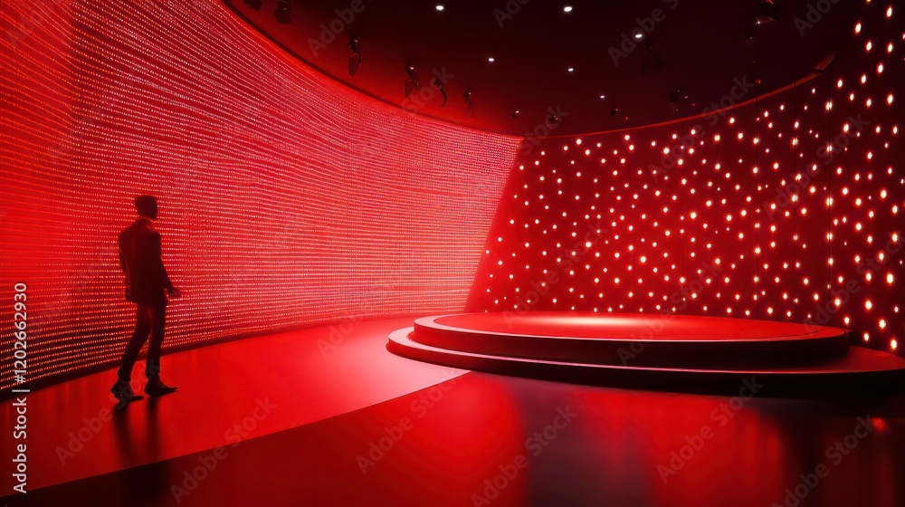 Poster man silhouetted in red-lit modern stage setting with led wall and circular podium.