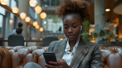Young African American businesswoman using smartphone while relaxing on leather sofa in modern office space, wearing wireless earbuds and plaid blazer, ambient lighting creates cozy atmosphere.