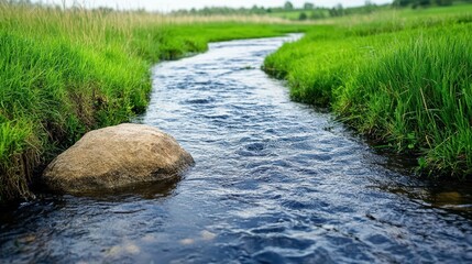 Fototapeta premium Clear stream flows through lush green grass, a large rock sits in the water's edge. Ideal for nature, peace, tranquility, and environmental themes.