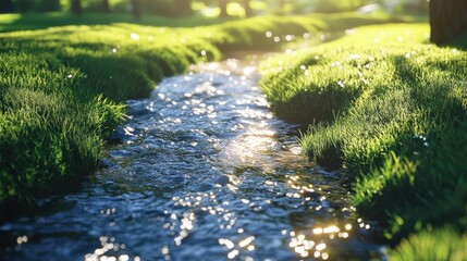 Naklejka premium Sparkling stream flows through lush green grass. Perfect for nature, peace, tranquility themes.
