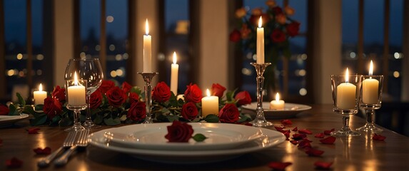 Romantic Candlelit Dinner:  A table set for two, with flickering candles casting a warm glow on red roses and a beautifully laid table setting.  It's a perfect  scene for a romantic evening. 