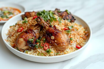Grilled chicken legs with crispy glazed skin served on aromatic basmati rice, garnished with fresh herbs, chili peppers and accompanied by sauce, perfect for menu or recipe promotion.
