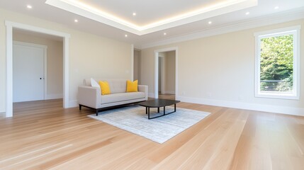 Modern Living Room Interior with Neutral Colors and Bright Lighting