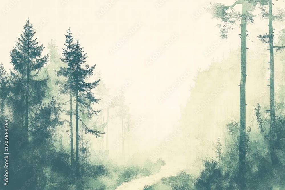 Poster winding forest trail leads through tall trees in a misty landscape at dawn. generative ai
