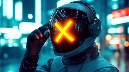 Futuristic figure in helmet with glowing X over face, in vibrant city at night.