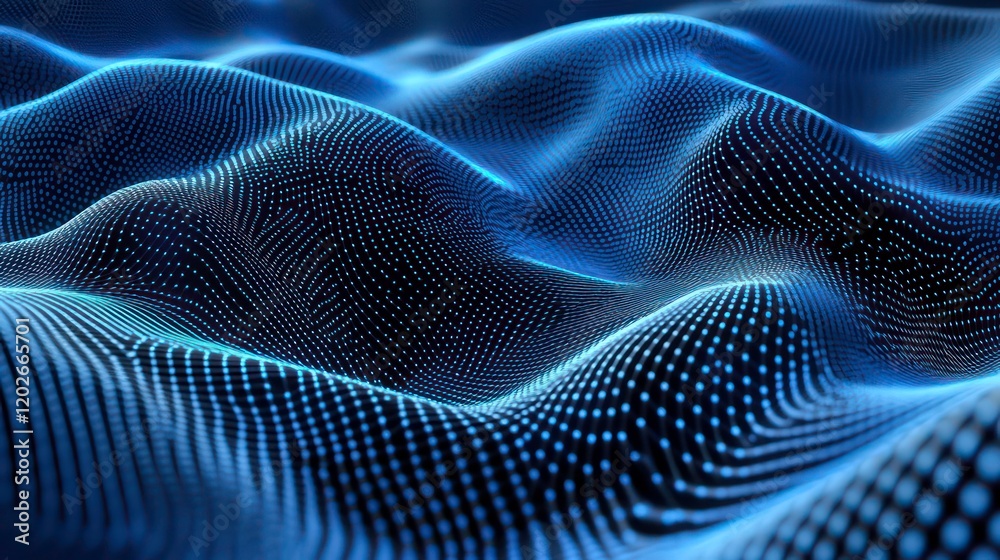 Poster Abstract blue digital wave background with glowing particles.