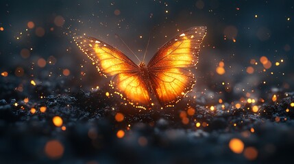   A close-up of a butterfly on a field of grass with a blurry background and bokeh of light