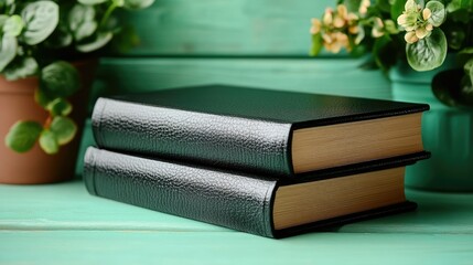 Two black leather-bound books on a turquoise surface, surrounded by potted plants.