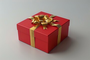 Obraz premium Elegant red gift box with luxurious golden ribbon and decorative bow on neutral background, perfect for holiday marketing, special occasions, and premium product presentations.