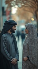 A woman and a man from Dubai talking while wearing abayas and kanduras.
