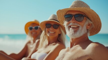 During summer break, a joyful bunch of senior buddies spend time together at the beach.