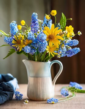 A bouquet of spring blue, yellow flowers in a vase on the table. Pansies, forget-me-nots, primroses, bird cherry, violets, muscari. Postcard, blur, selective focus.