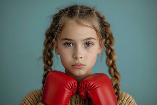 Young female athlete with braided hair wearing red boxing gloves and knit sweater against blue background, portraying strength and determination in youth sports portrait.