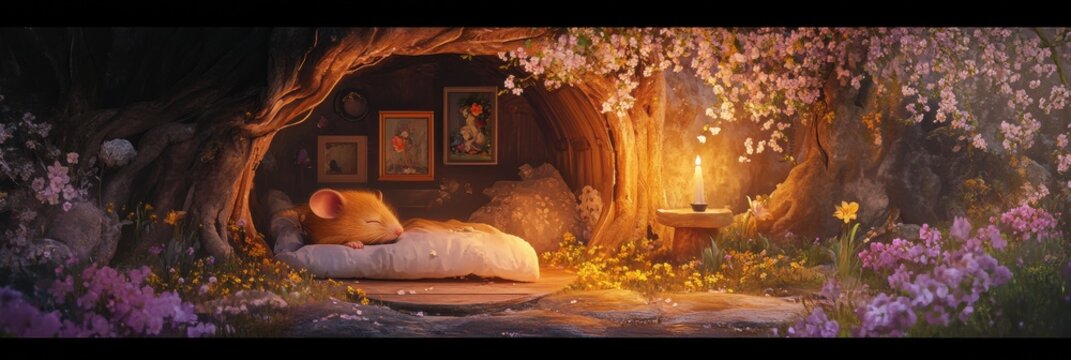 Cozy woodland retreat featuring a sleeping mouse in a flower filled environment with glowing candlelight. Generative AI