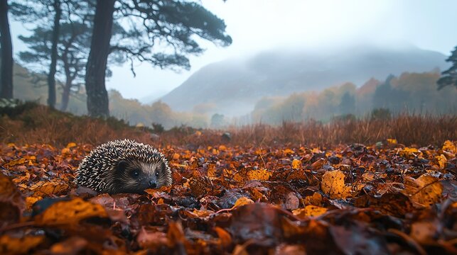   Hedgehog sitting amidst leafy field, foggy mountains loom