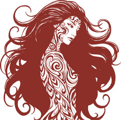 Fantastic silhouette of a woman with unusual ornamental patterns all over the body and flowing hair. Beauty product icon. EPS 10 version.