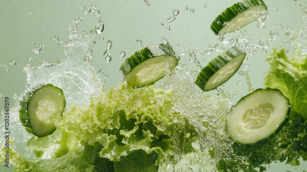 Poster fresh cucumber slices and lettuce submerged in water, splashing.
