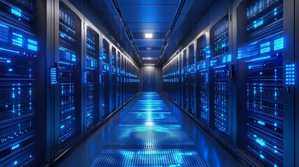 Secure Server Room with Digital Overlays and Blue Lighting Effects