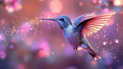 Naklejka premium A hummingbird flies with spread-out wings against a backdrop of pink and blue bouquets