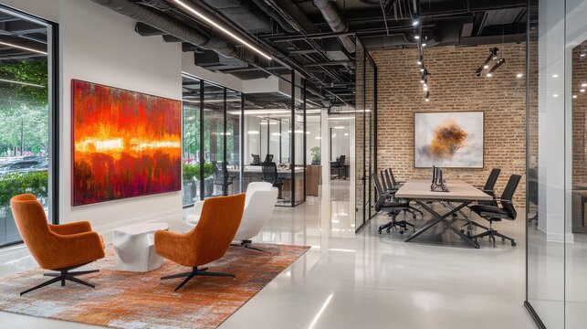 Modern office interior with orange chairs and abstract art. Ideal for showcasing workspace design, real estate, or corporate branding.
