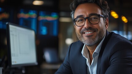 Smiling Latin Trader in 40s Checking Investment Portfolio at Desk