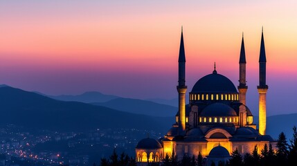 Obraz premium Illuminated mosque at sunset, overlooking city and mountains.
