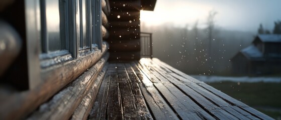 Rain gently falls on a wooden porch as the sun sets, highlighting raindrops and creating a serene and reflective moment in nature.