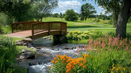 A quaint wooden bridge over a bubbling spring brook, surrounded by vibrant greenery and freshly bloomed flowers.
