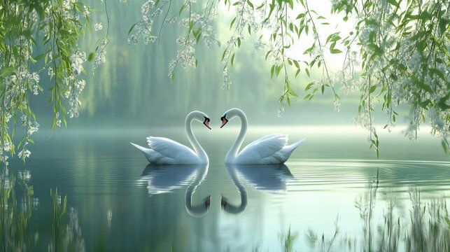 A pair of swans gliding across a tranquil spring pond, framed by budding willow branches swaying in the breeze.