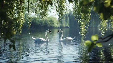 A pair of swans gliding across a tranquil spring pond, framed by budding willow branches swaying in the breeze.
