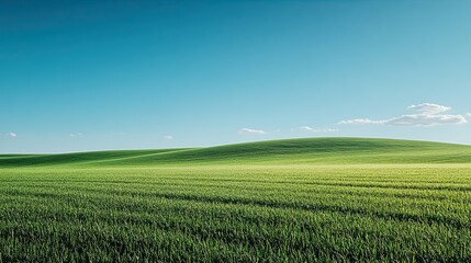Fototapeta premium Rolling green field under blue sky; tranquil landscape for travel brochure