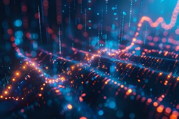 Obraz premium Abstract digital landscape with glowing orange data streams and blue bokeh effects, perfect for technology, artificial intelligence, and future concepts background.