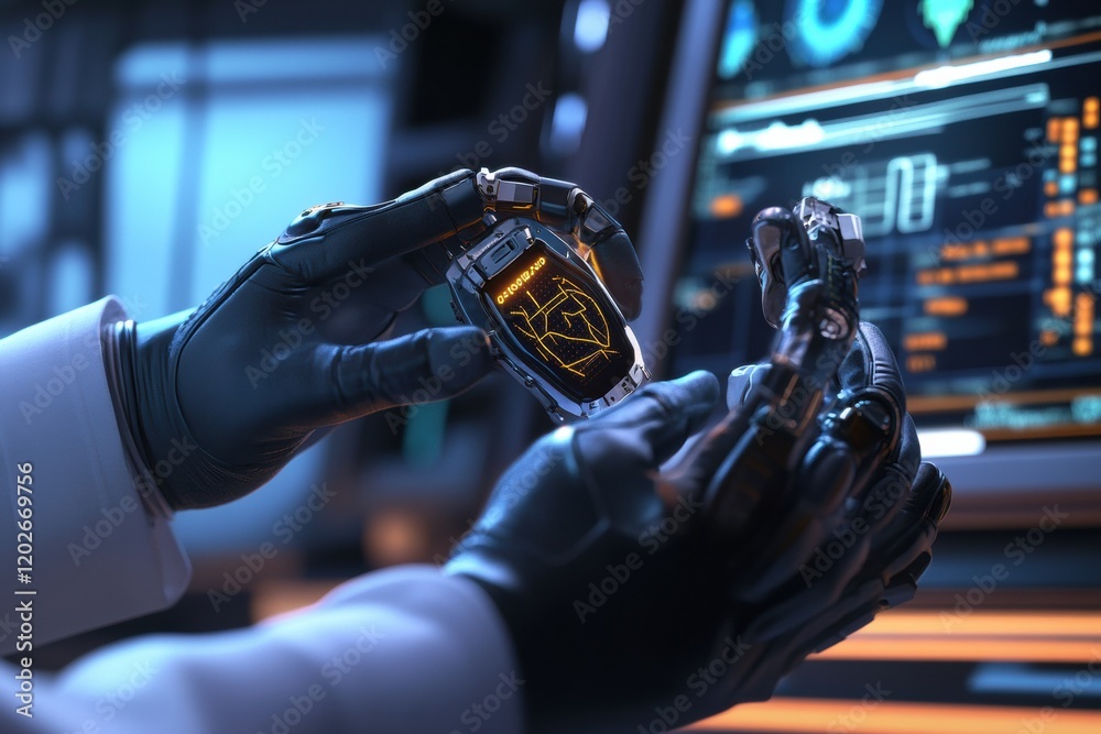 Aufkleber Futuristic robotic hands examining advanced technology in a high tech laboratory. Generative AI