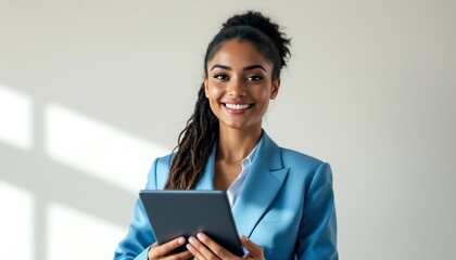 Fototapeta premium Smiling Businesswoman Using Tablet - Professional Woman in Blue Suit