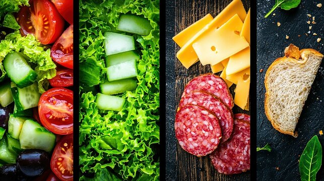   A compilation of various dishes such as bread, cheese, salads, and meats & vegetables