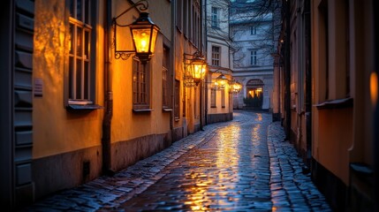 Fototapeta premium Romantic cobblestone alley, gas lamps, twilight, Prague, travel