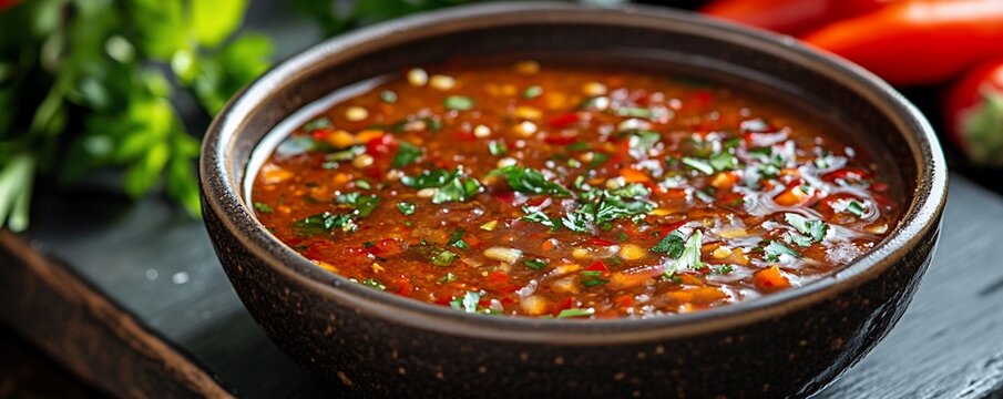 Spicy chili sauce bowl, herbs, peppers. Food blog