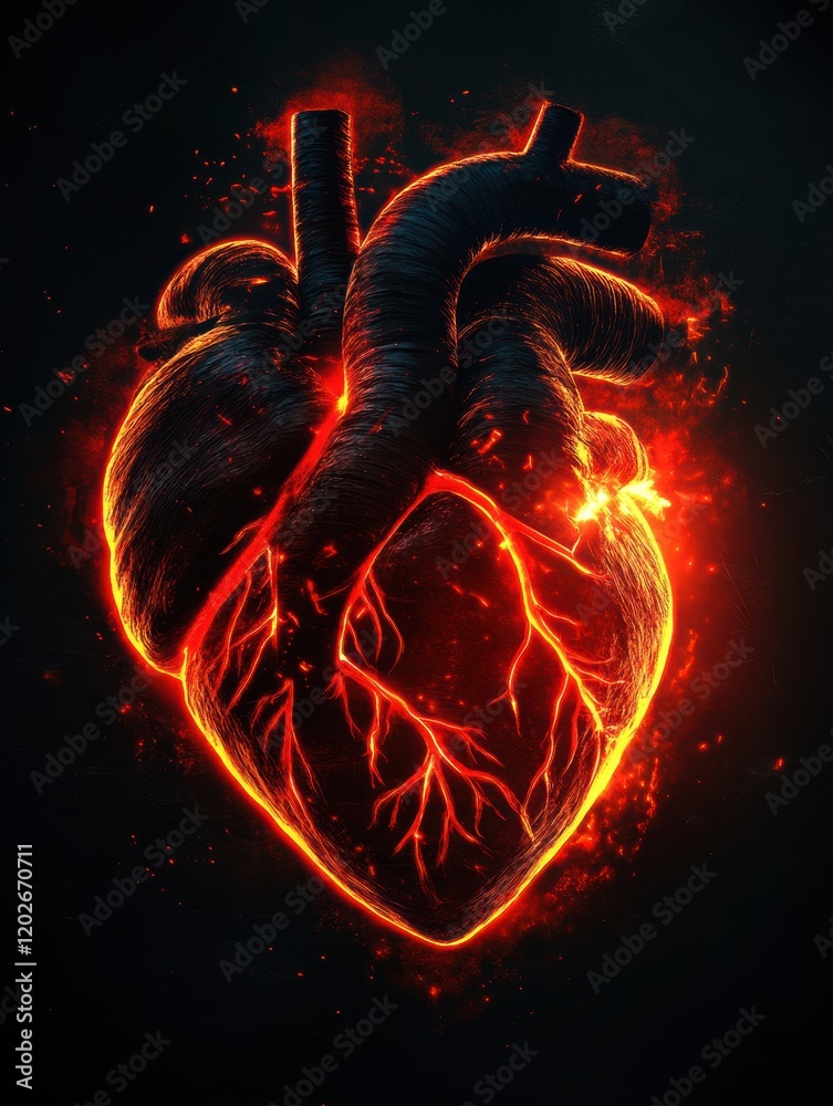 Leinwandbilder Heart design with glowing flames creates a powerful visual impact in dark background. Generative AI