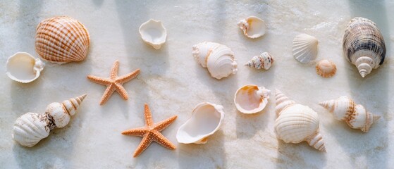 A collection of shells and starfish arranged artfully on sand, creating a coastal-inspired still life bursting with natural textures.